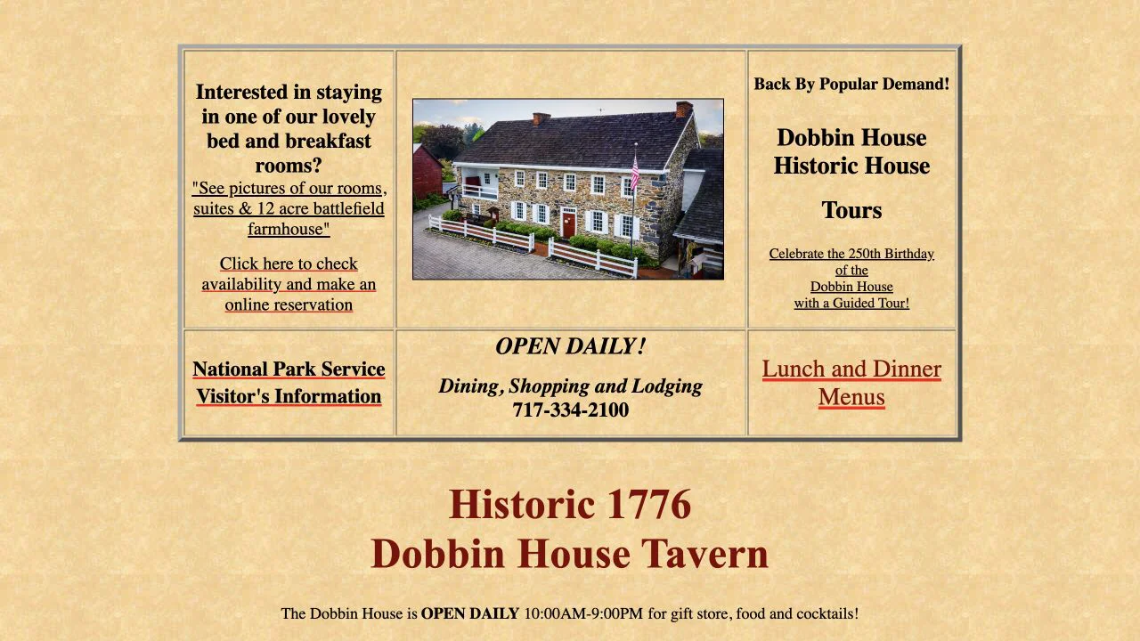 Current Dobbin House website opening view, captured October 25, 2026.