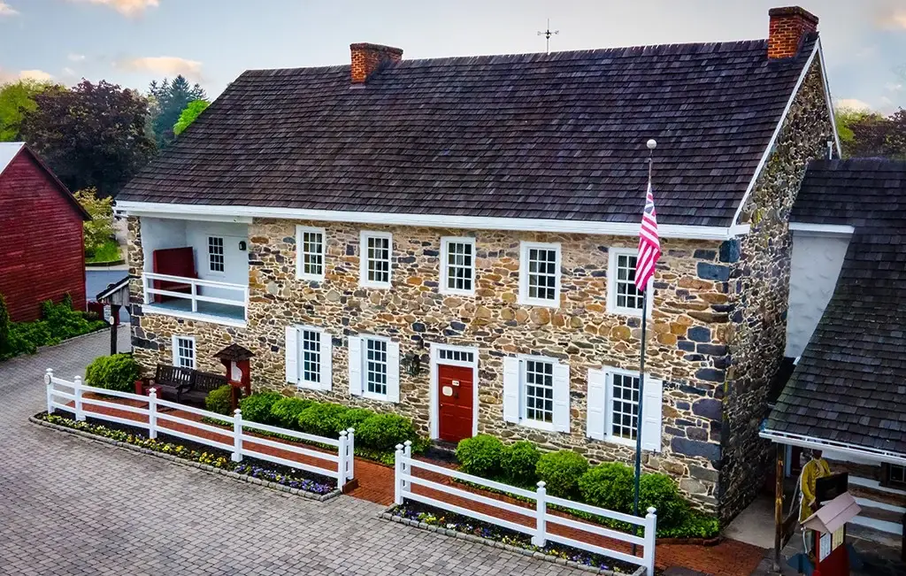 An elevated view of Dobbin House and its stone facade.
