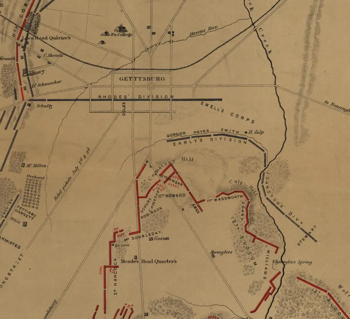 Historic map detail showing Gettysburg, Cemetery Hill, roads and battle positions. Published by J. B. Lippincott in 1864.