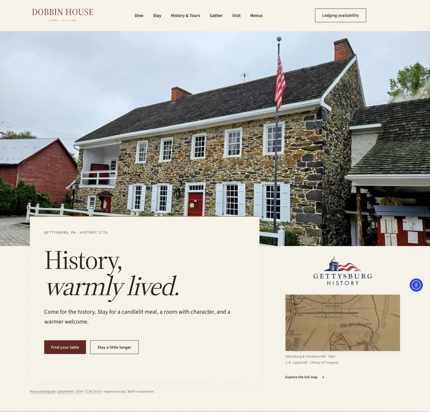 Current Dobbin House homepage: the historic stone house, History, warmly lived, Gettysburg History mark and archival map.